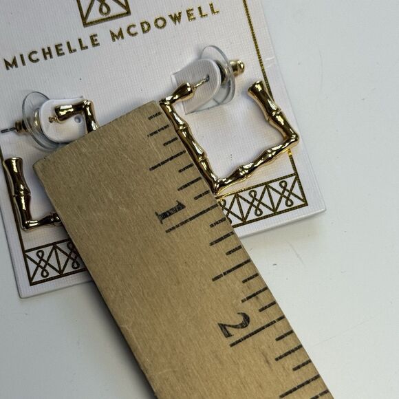 Michelle McDowell Gold Tone Bamboo Shape Metal Square Hoop Earrings New - Picture 3 of 6